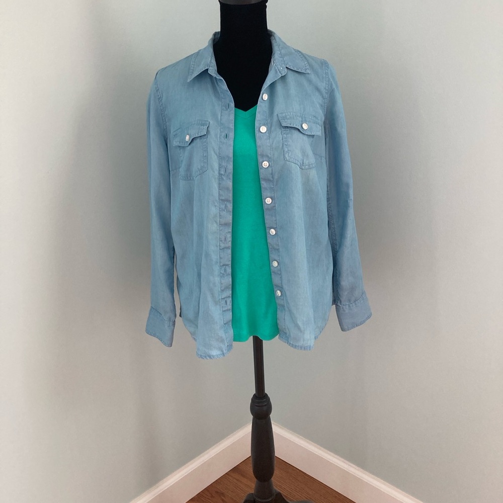 Crown & Ivy Denim-Look Shirt and V-Neck Tee Seaglass Blue and Green Petite S/XS